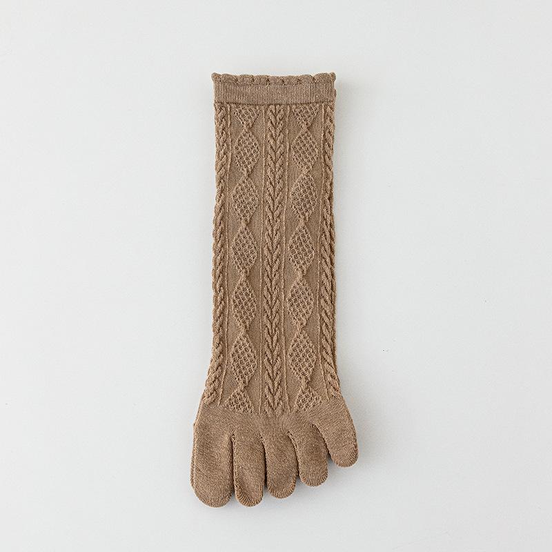 6 Pairs Women Spring and Autumn Pure Cotton Five Finger Socks Retro Solid Color Lace Striped Split Toe Socks Vintage Comfortable Socks