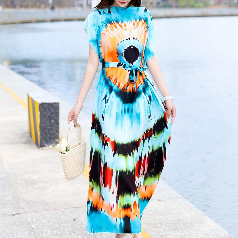 Elegant Summer Casual Dress for Women Vintage Clothes Short Sleeve Loose Long Dress