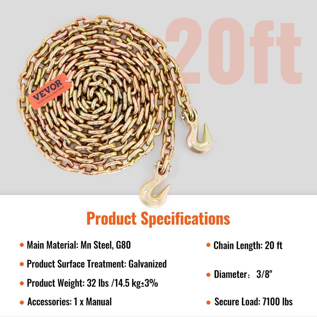 Transport Binder Chain, 7100 lbs Working Load Limit, 3/8'' x 20' G80 Tow Chain Tie Down with Grab Hooks, DOT Certified, Galvanized Coating Manganese