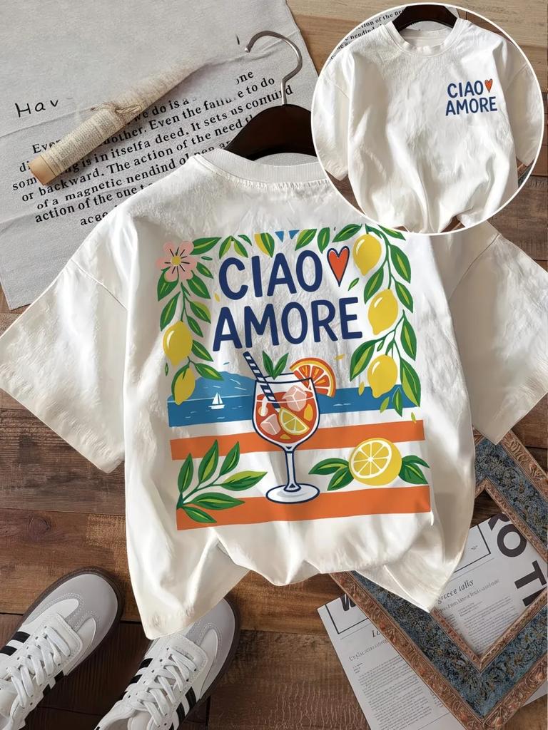 Ciao Amore Italian Graphic T Shirt Unisex Summer Mediterranean Vacation Lemon Print Tee Retro Aesthetic Harajuku Top