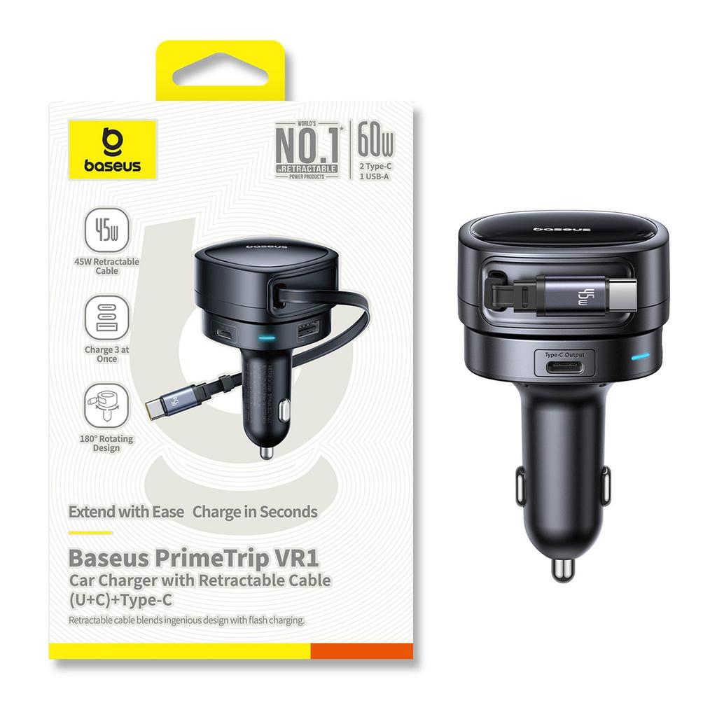 USB-A USB-C Car Charger with Retractable USB-C Cable 60W - Black