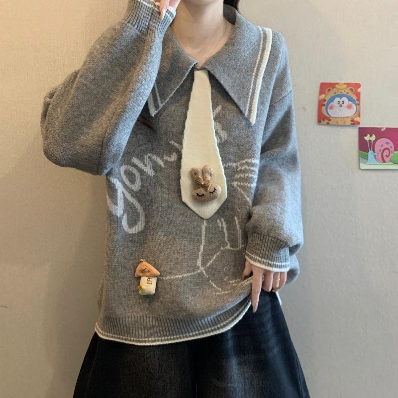 College Style Polo Neck Rabbit Embroidery Sweater Women Loose Fit Knitwear Autumn
