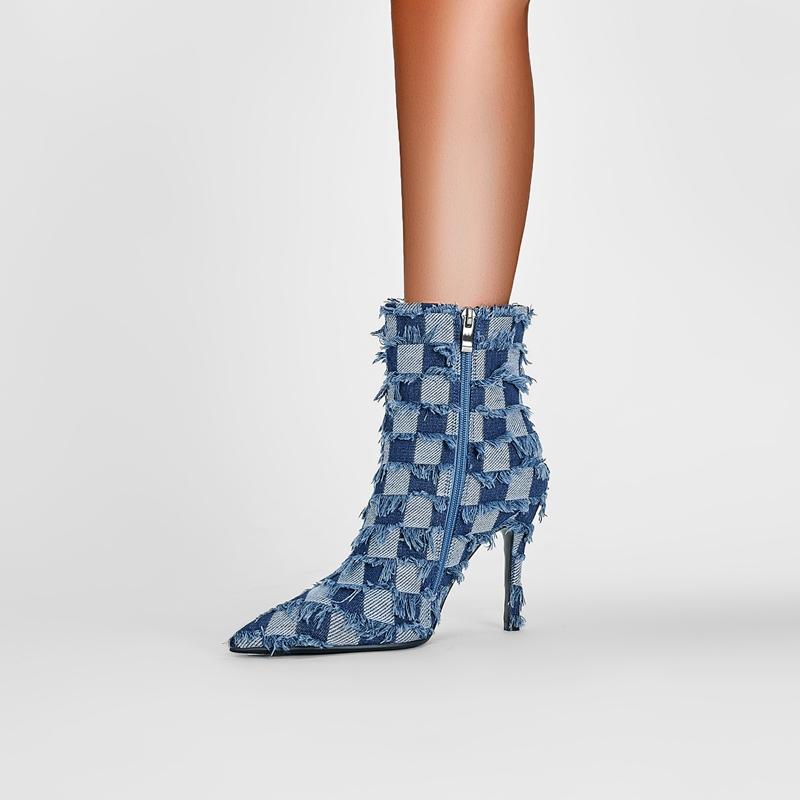 Fashion Kaky's new denim pointed high heel plaid oversized women's boots short boots 44 45 46