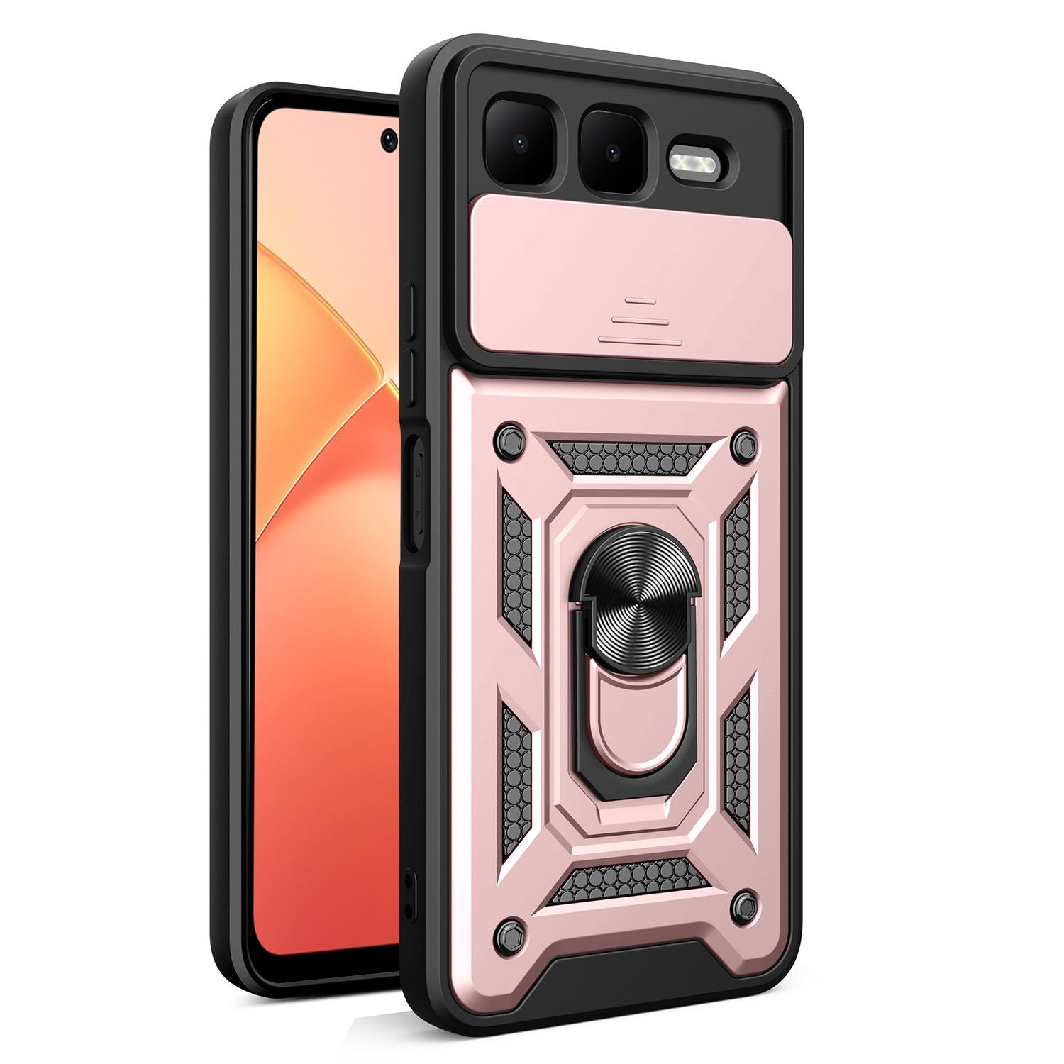 

For Infinix Smart 10 Plus Case with Slide Camera Lid PC+TPU Kickstand Phone Cover Rose Gold