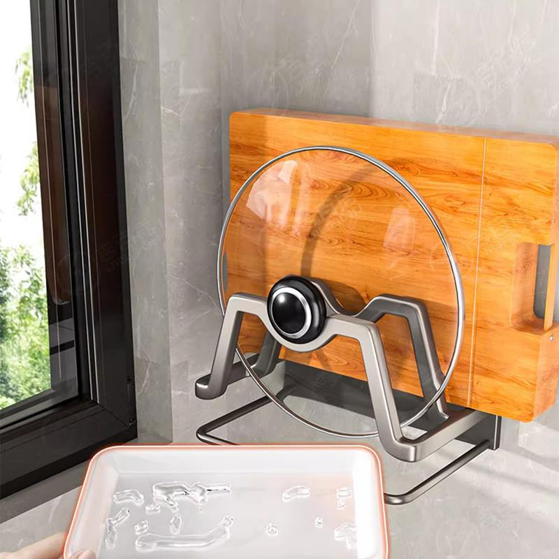 Kitchen Punching Free Pot Lid Rack Gun Ash Wall Mounted with Draining Tray Dish Cutting Board Household Kitchenware Storage Rack