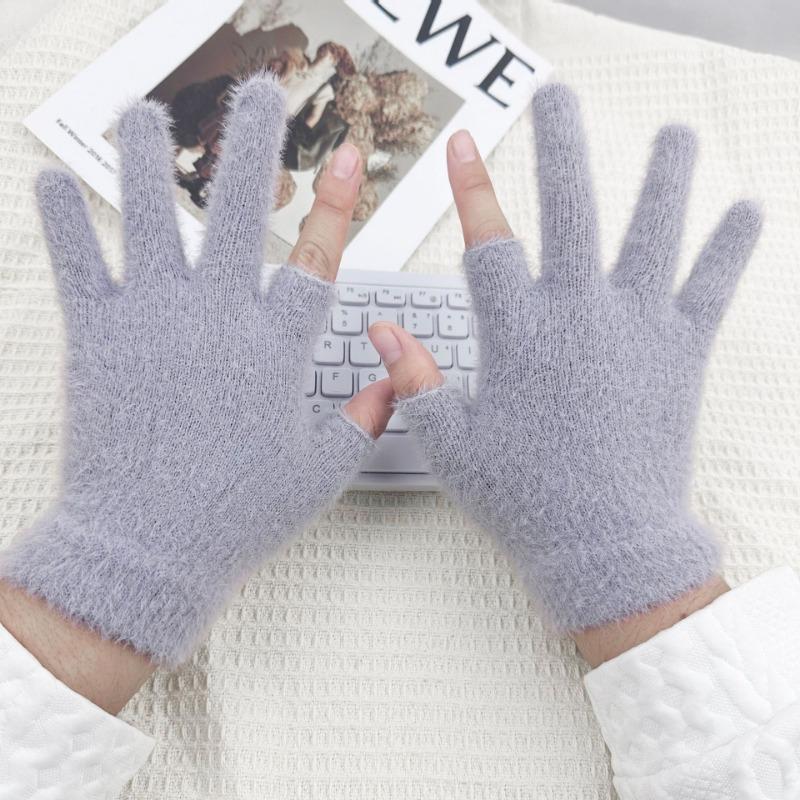 Winter Two-finger Half-dew Finger Ten-needle Jacquard Plush Warm Knitting Thickened Student Model Winter Two-half-finger Hand