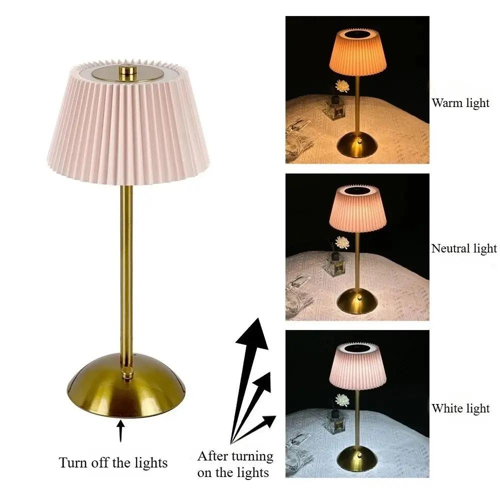 3 Color Lights Small Pleated Table Lamp Touch Control Stepless Dimmable Desk Ambient Light Fabric Shade Cordless