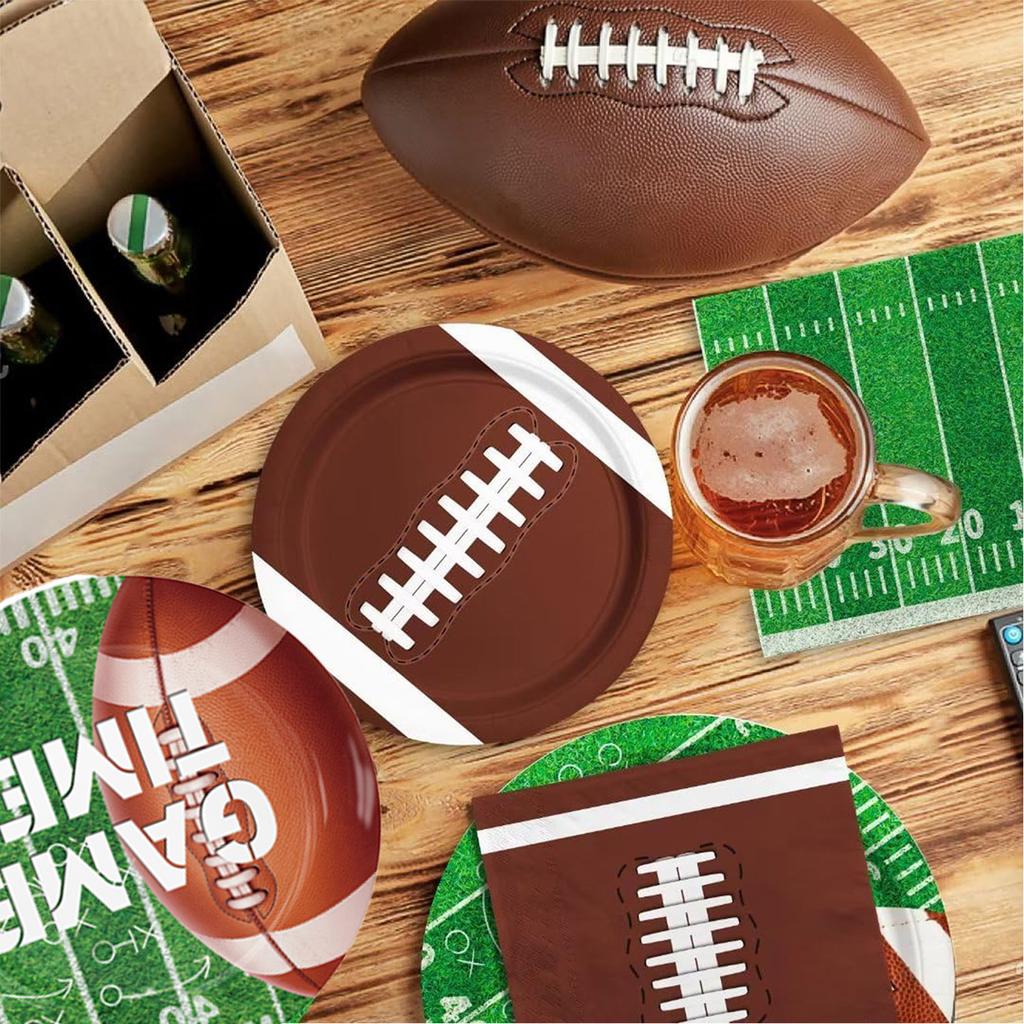 Fußball-Party-Set Enthält Speiseteller Dessertteller Servietten Becher Banner Touchdown Tischdecke für Fußball-Geburtstagsparty