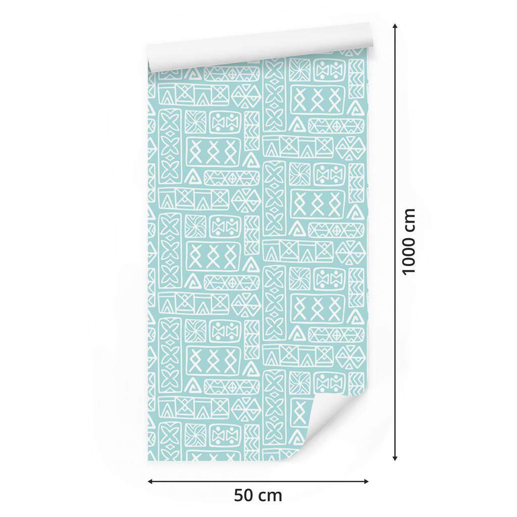 Polynesian Geometric Pattern Wallpaper Celadon and White 50x1000