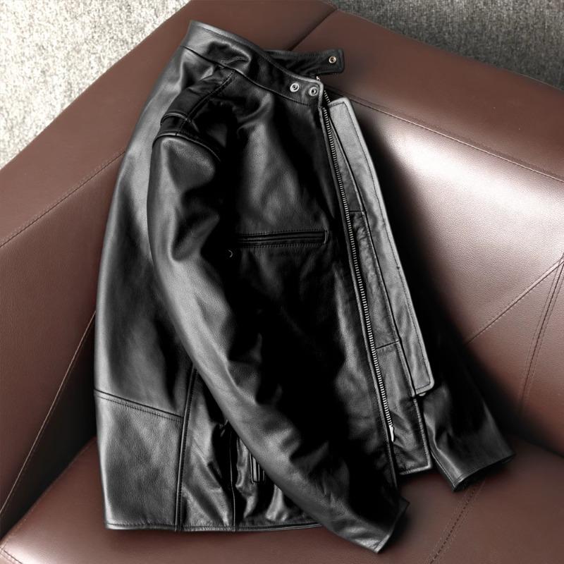 Men Genuine Leather Jacket Korean Slim Fit Biker Coat Real Cowhide Short Stand Collar Youth Fashion
