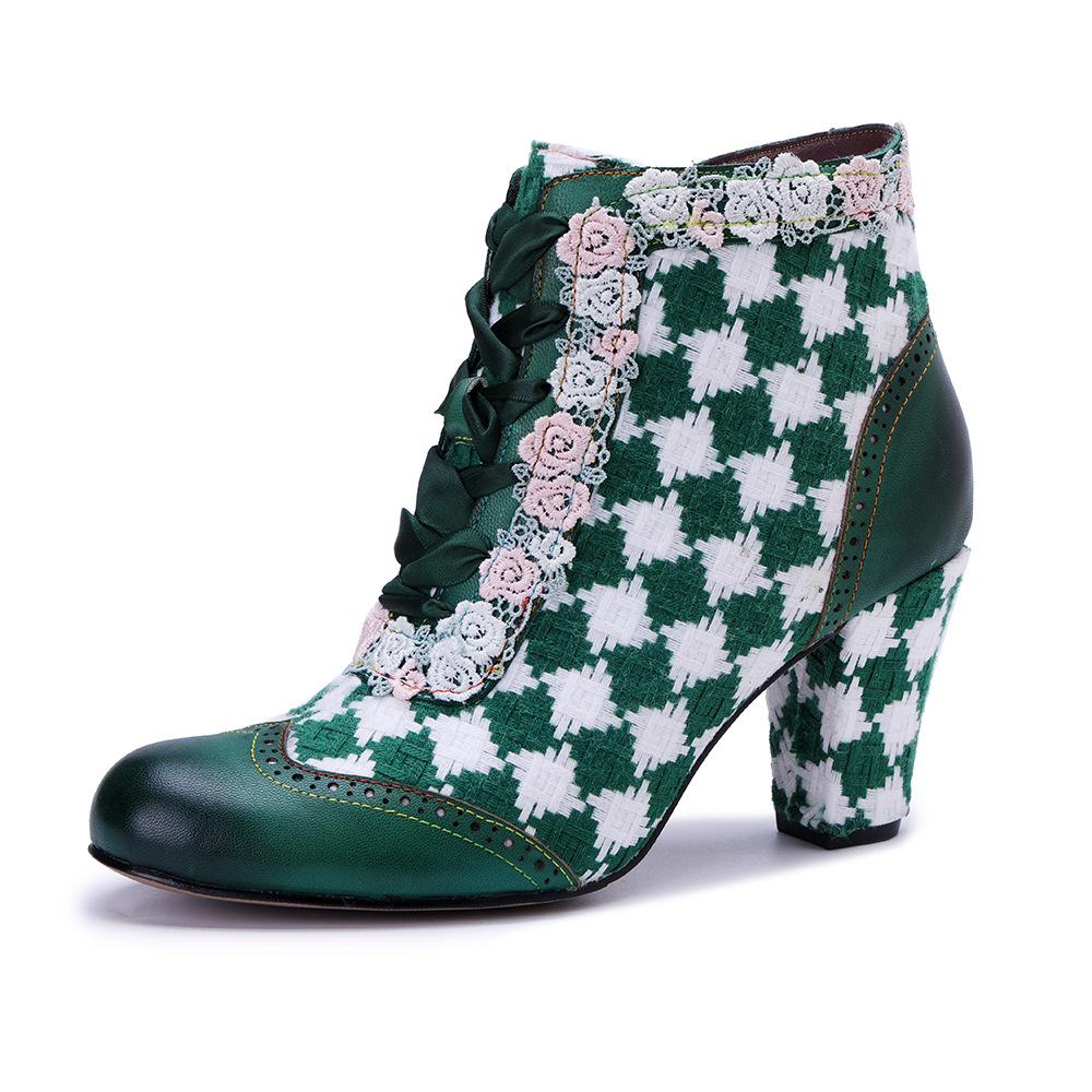 Johnature Women's High Heels Retro Genuine Leather Splicing Weaving Grid Pattern Flower Lace Short Boots