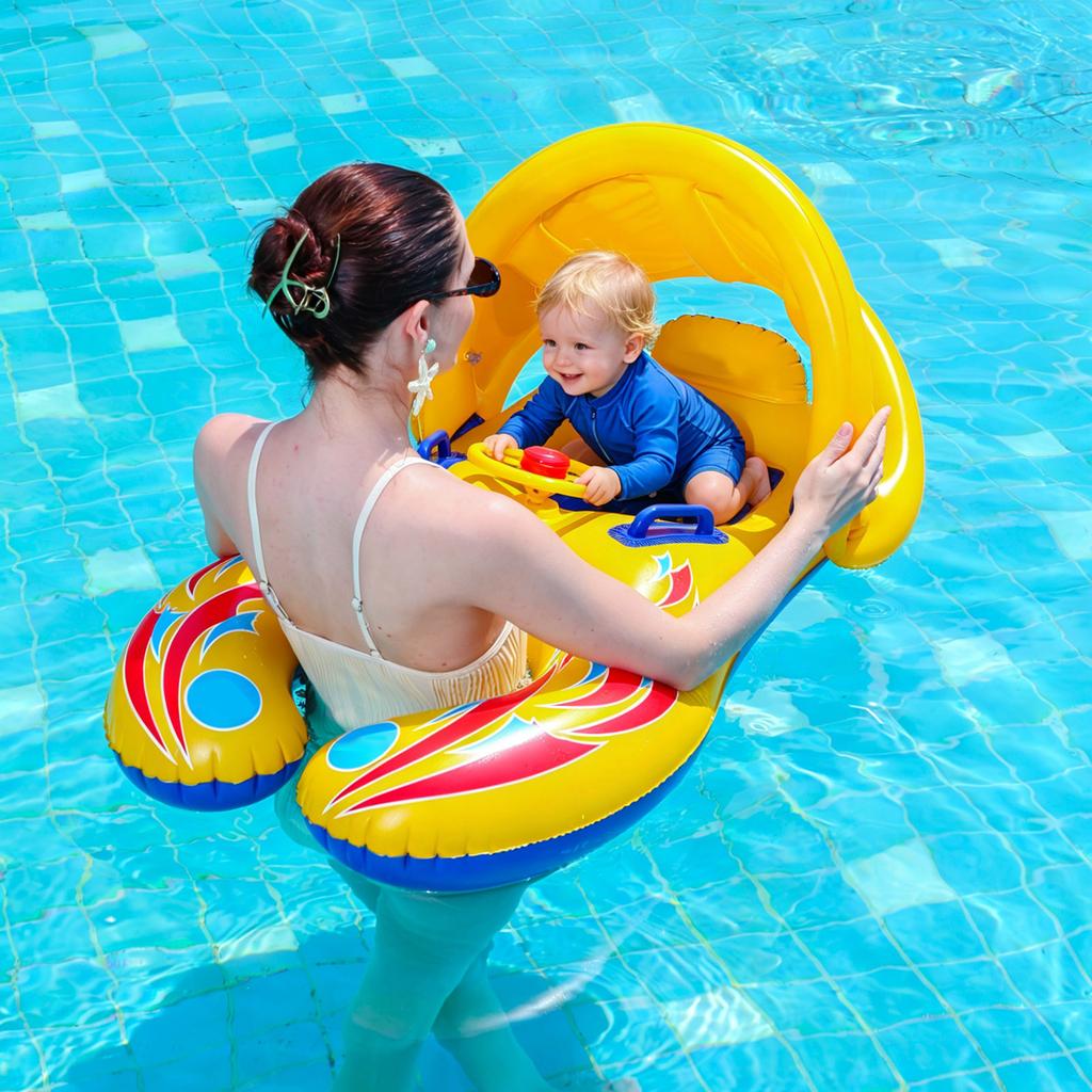 Inflatable Baby Swimming Float with Detachable Canopy Double Airbags and Underarm Support Baby Swim Seat Float Ring for Pool and Beach Use