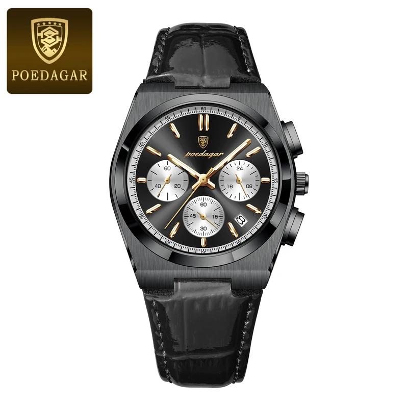 POEDAGAR Luxury Watch For Men Leather Sports Military Man Watch Waterproof Luminous Chronograph Date Quartz Men's Watches