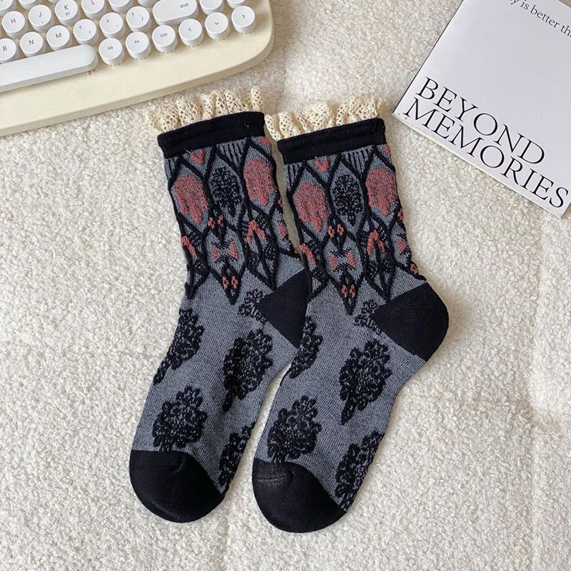 Luxury Socks Korean Fashion Women Harajuku Style Geometric 3D Textured Winter Thick Warm Cashmere Lace Designer Socks Vintage