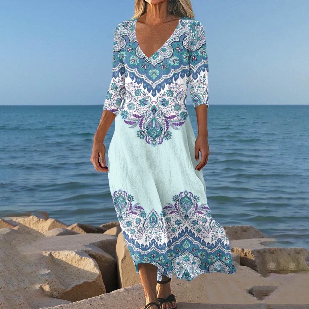 Dresses For Womens Vintage Print Tunic Waisted Midi Dress Summer Casual 3/4 Sleeve Dress