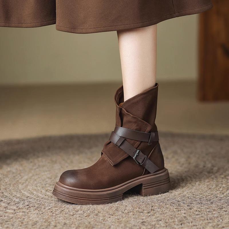 Women's Vintage Round Toe Leather Ankle Boots - Thick Sole, Chunky Heel, Short Tube for Autumn/Winter