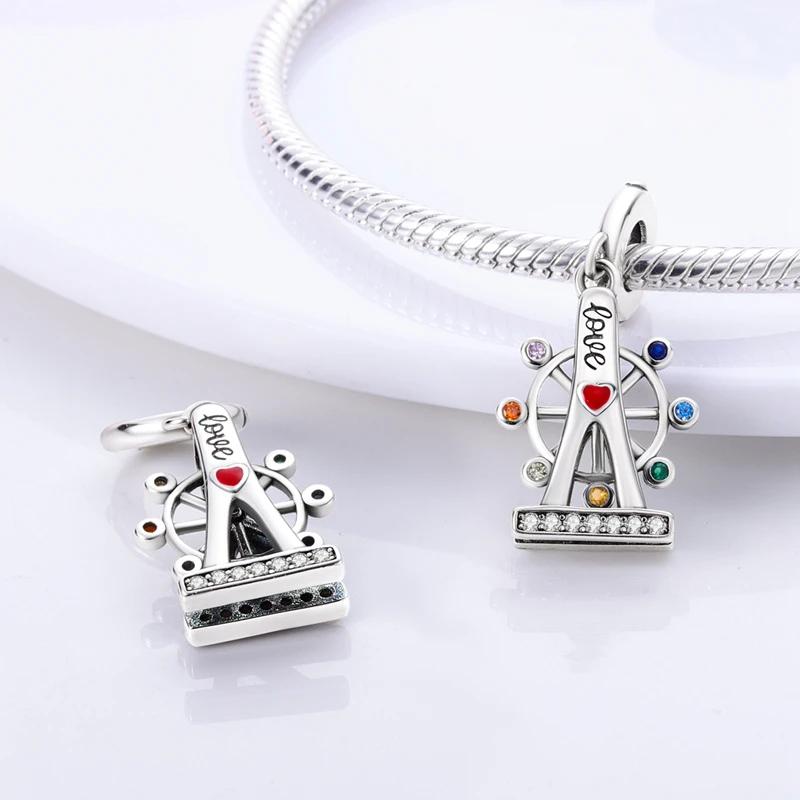 Charm Plata Colorful Zircon Love Ferris Wheel Bead Fits Genuine Bracelet Charm For Women Jewellery DoItYourself Crafting Gift