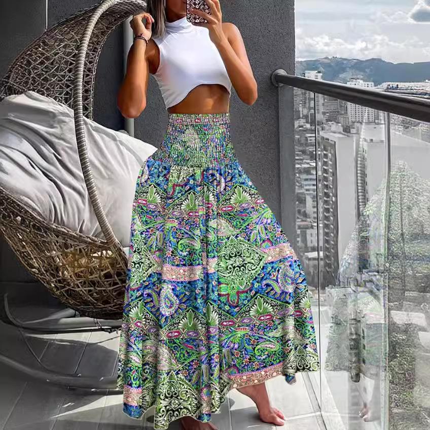 

2025 Summer Women s Printed Beach Vacation Long Skirt with Big Hem S зелёный