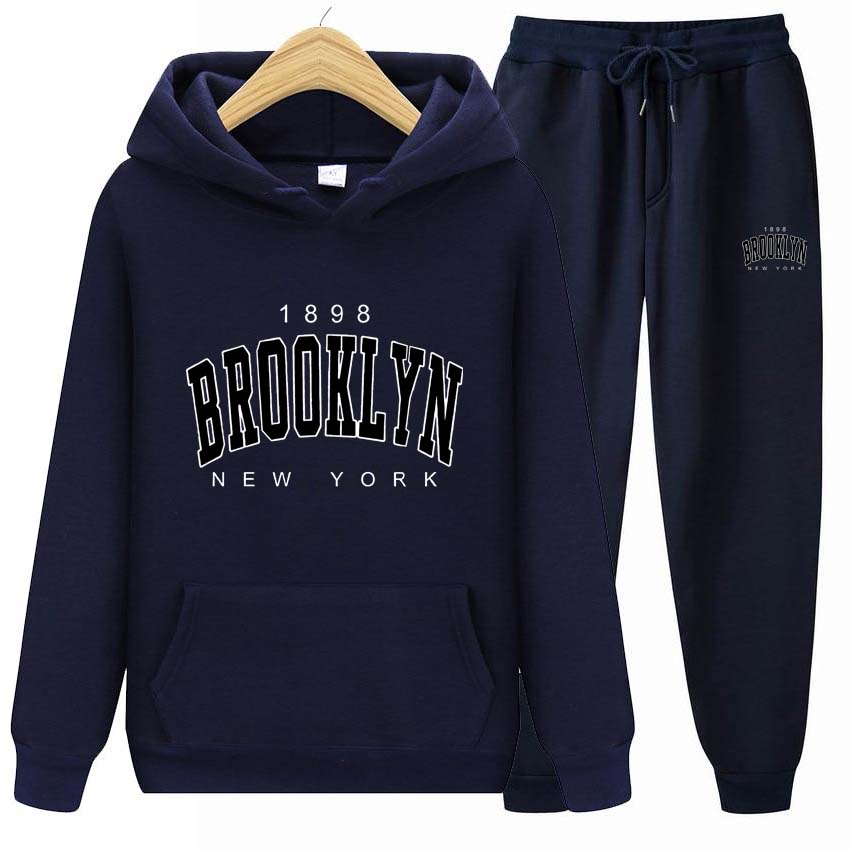 Men Running Set 1898 BROOKLYN NEW YORK Print Sweatshirt Suit Tracksuit 2 Pieces Set Hoodies Sweatshirt+Pants Suit