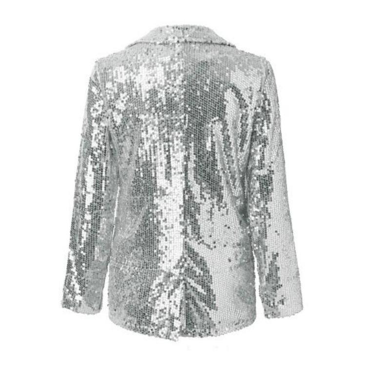 Shiny Sequins Women Casual Loose Fit Long Sleeve Cardigan Lapel Open Front Solid Color Suit Coat Clubwear Jacket