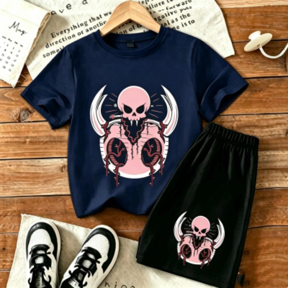 Pink Skull Fun Printed 11 Colors Outdoor Street Kids T-shirt and Shorts 2 Piece Set Summer Home Casual Outfit Boy and Girl s Sports Set 100