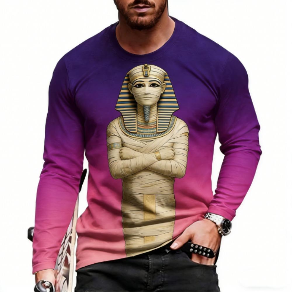 Europe America Men's T-shirt Fashion Egyptian Culture Print Pullover Comfortable Men's Long Sleeve T-shirt Outdoor Oversized Tees Top