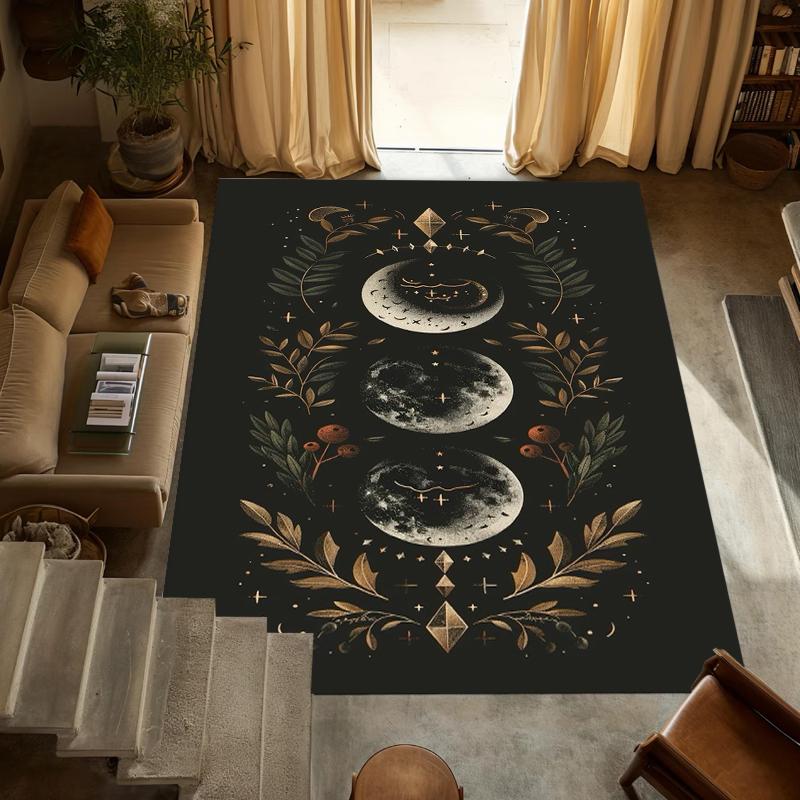 Boho Triple Moon Phase Area Rug Celestial Botanical Print NonSlip Washable Floor Mat for Living Room Bedroom Witchy Decor