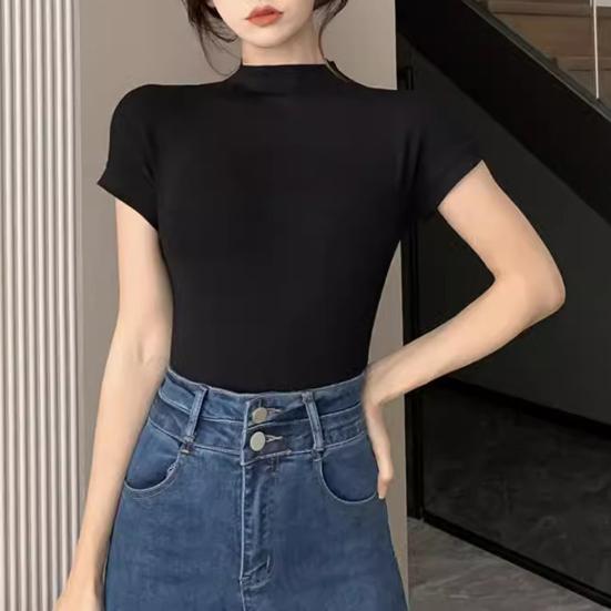 Dámské topy Polovysoký límec Krátký rukáv Přiléhavé tričko Jednobarevné