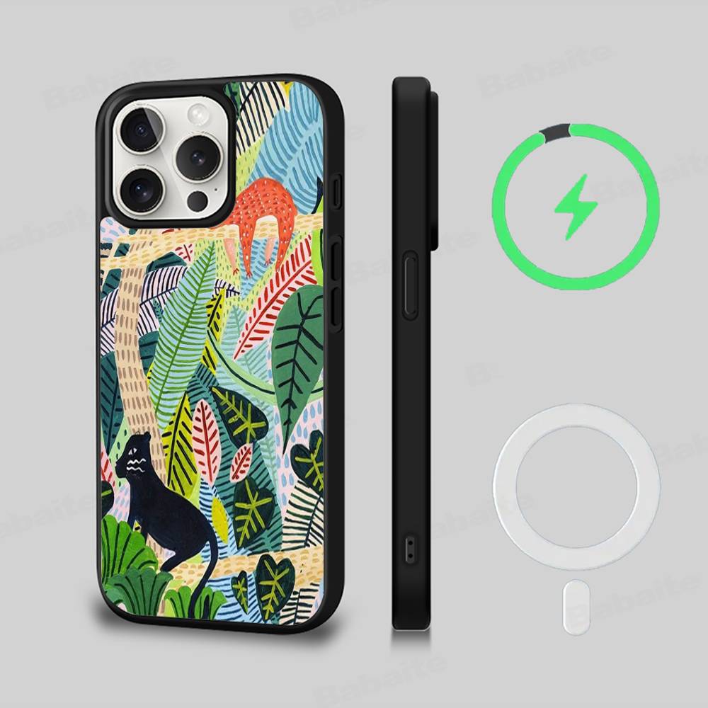 Jungle Art Illustration Snake Cats Sloth For Magsafe Phone Case For IPhone 16 15 11 12 13 14 17 Pro Max Plus Magnetic Wireless