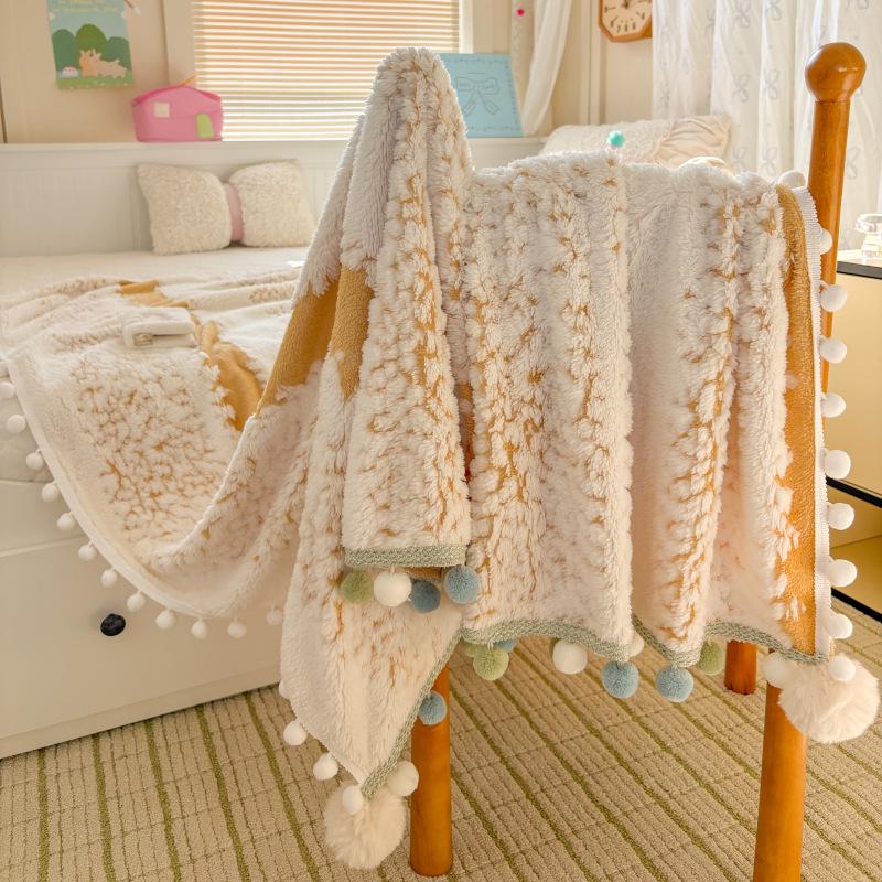 250G Two-Color Cationic Jacquard Throw Blanket with Small Handmade Pom-Poms
