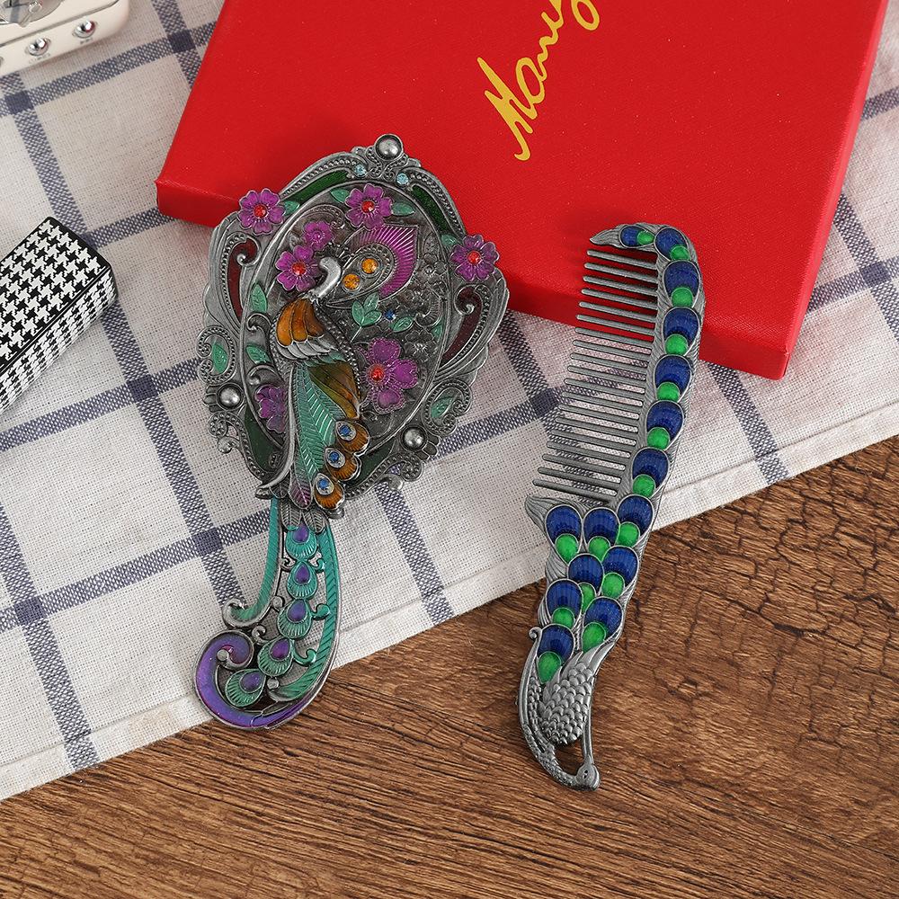 1set Vintage Peacock Makeup Mirror and Comb Women Portable Handheld Travel Vanity Mirror Elegant Retro Design