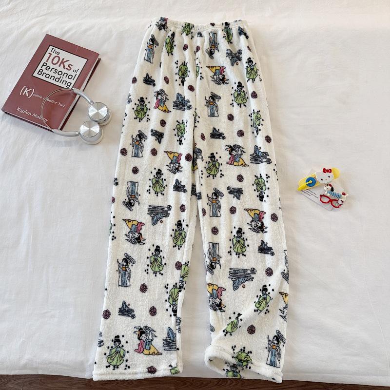 Hello Kitty Coral Fleece-Lined Flannel Pajama Pants for Women - Warm Autumn/Winter Style