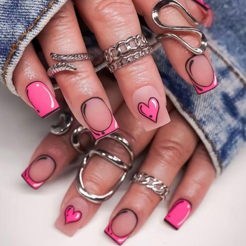 

Artistic Design Fake Nail in Pink Matte Finish with French Graffiti Accents Artificial Nail for Creative Individuals 1