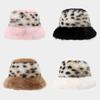Polyester Furry Leopard Print Fisherman Hat With Wide Brim For Winter Fashion