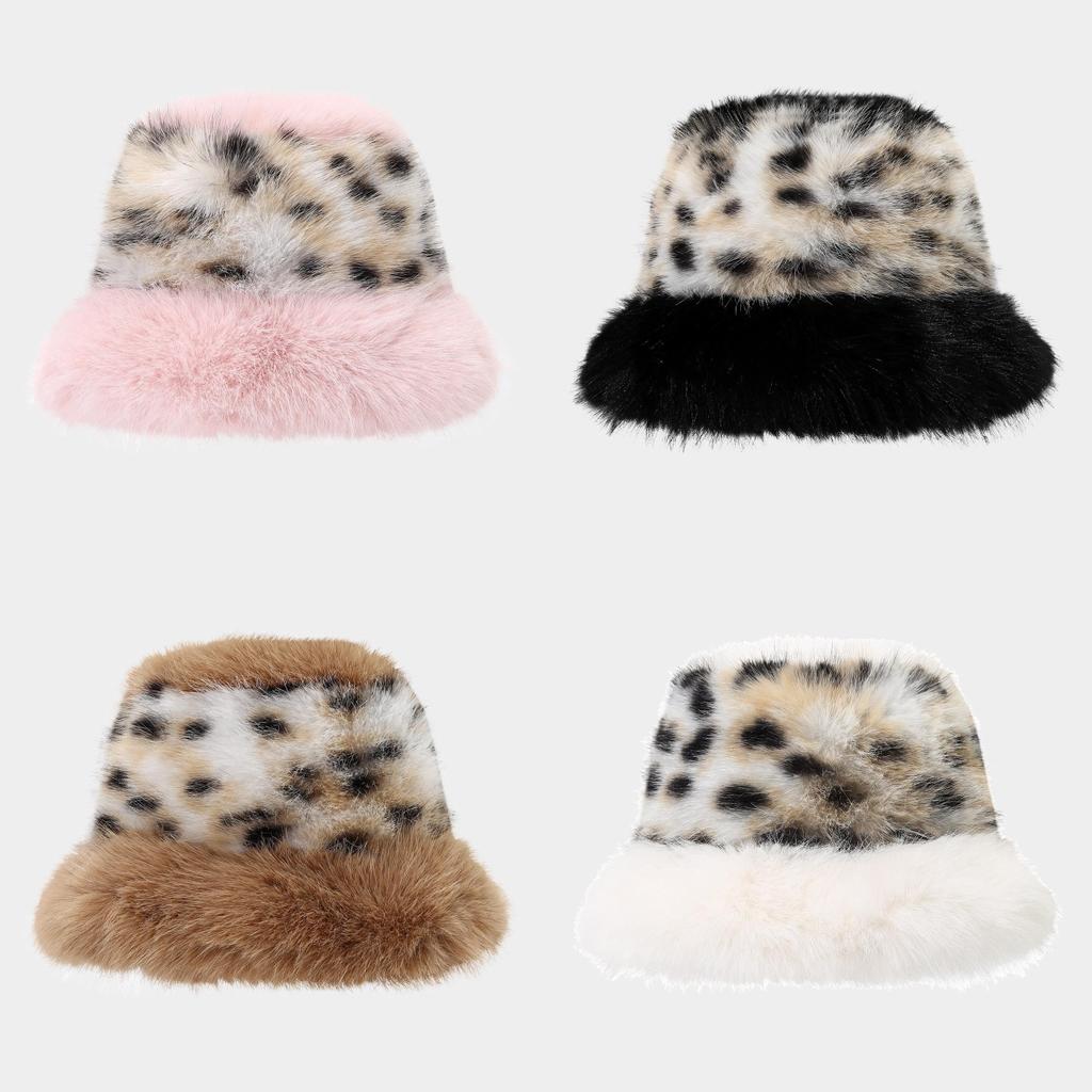 Polyester Furry Leopard Print Fisherman Hat With Wide Brim For Winter Fashion