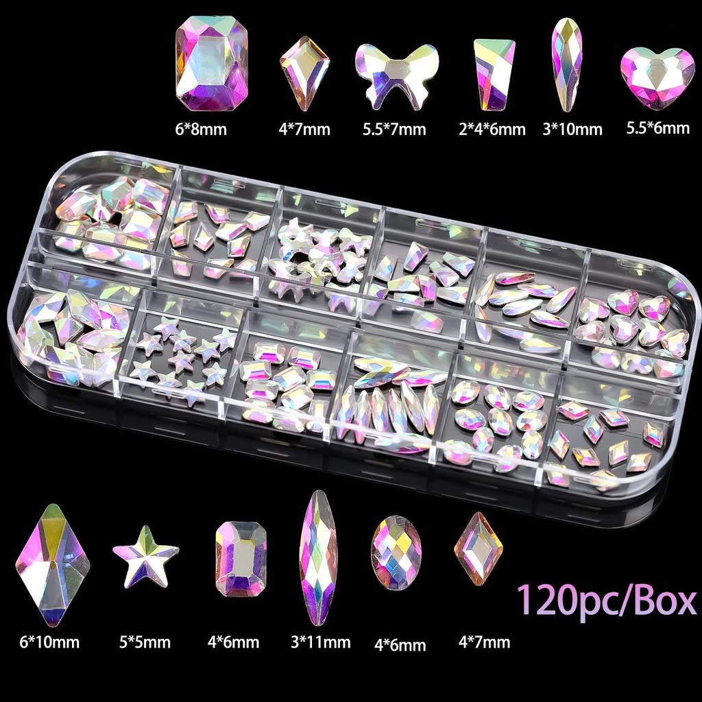 Boxed 120-Piece Flat-Back Nail Art Rhinestones: Champagne, Bright White, Iridescent Crystal Glass