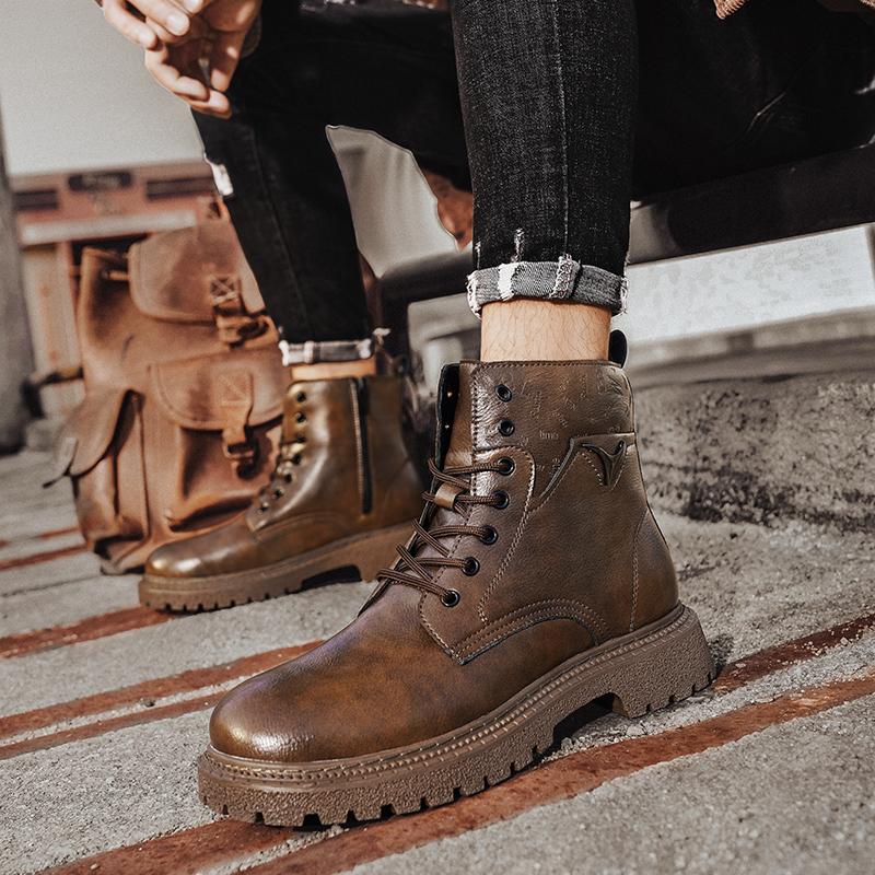 New Motorcycle Boots Casual Leather Men Walking Boots All-match Man High Top Shoes Brand Men Winter Plush Snow Boots