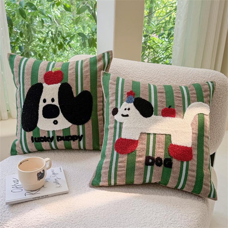 INS Style Green Stripe Pillow Cover Cute Cartoon Apple Dog Embroidery Soft Flock Cushion Cover For Living Room Home Decoration