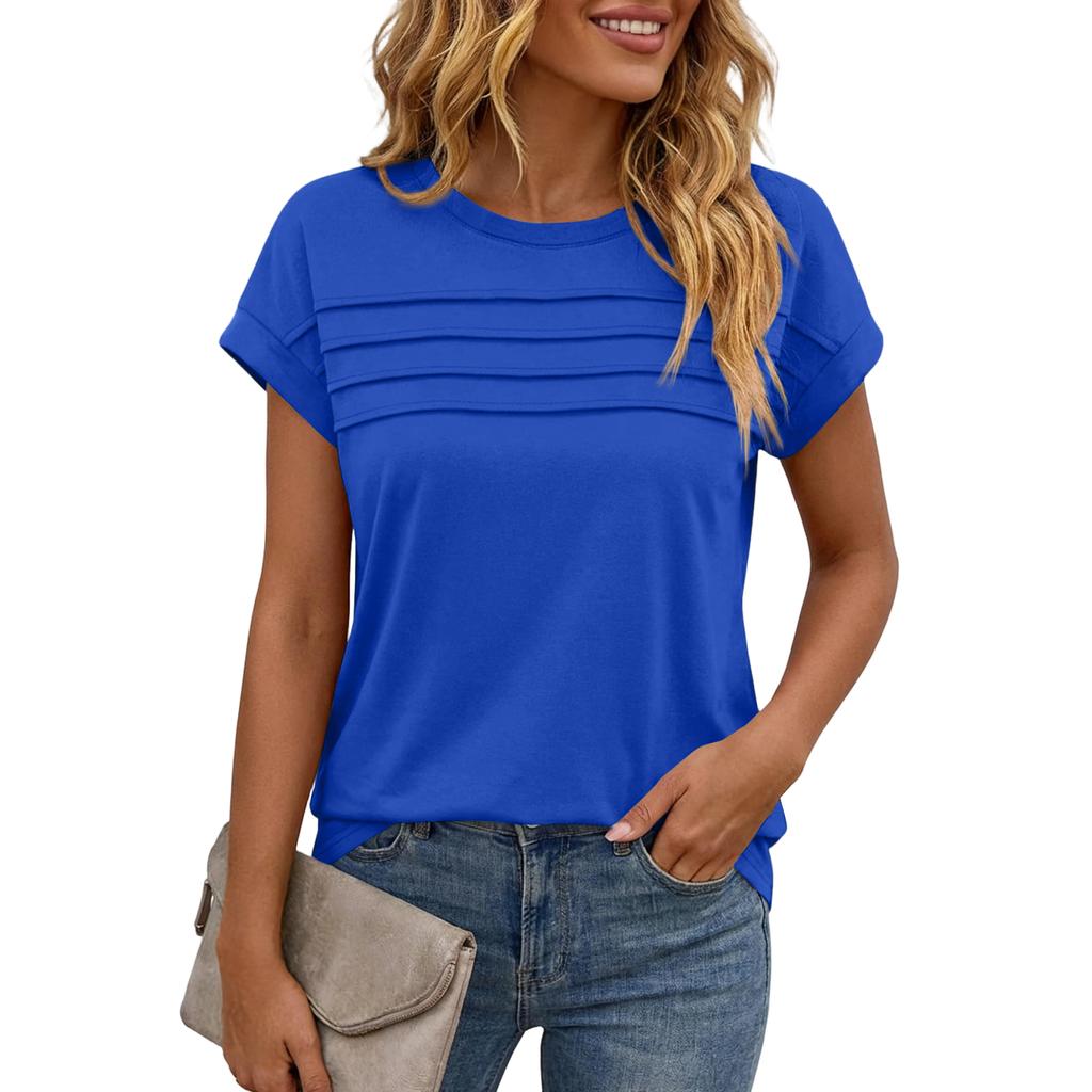 Women's Casual Top Monochrome Pleated Top Round Neck Short Sleeved Shirt