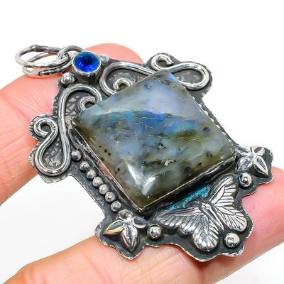 Labradorite, Blue Topaz 925 Sterling Silver Jewelry Pendant 2.52" F4f02