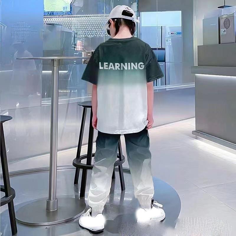 Summer Teenager Boys Clothes Casual Outfit Kids Gradient Tracksuit Child T Shirt + Ankle Tie Pant