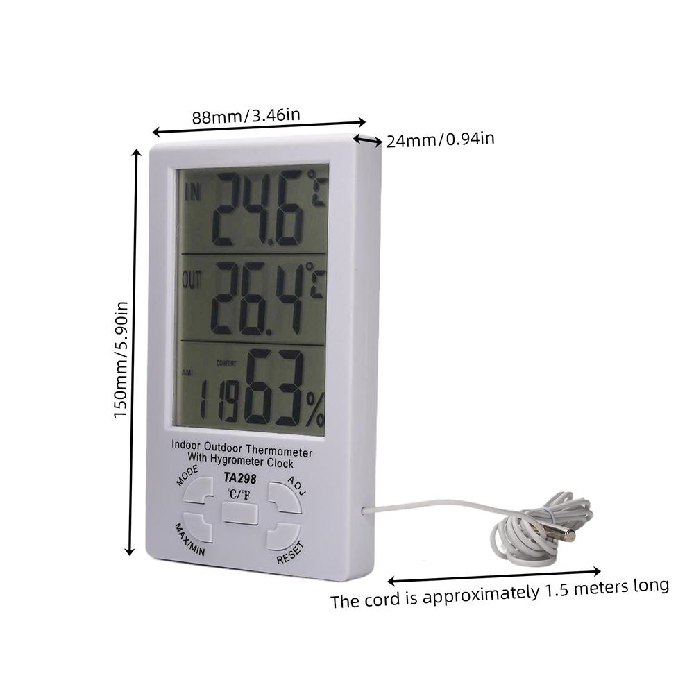 Indoor Outdoor Thermometer Hygrometer Clock Alarm Digital LCD Display C/F Temperature Humidity Meter 1.5M Sensor Probe