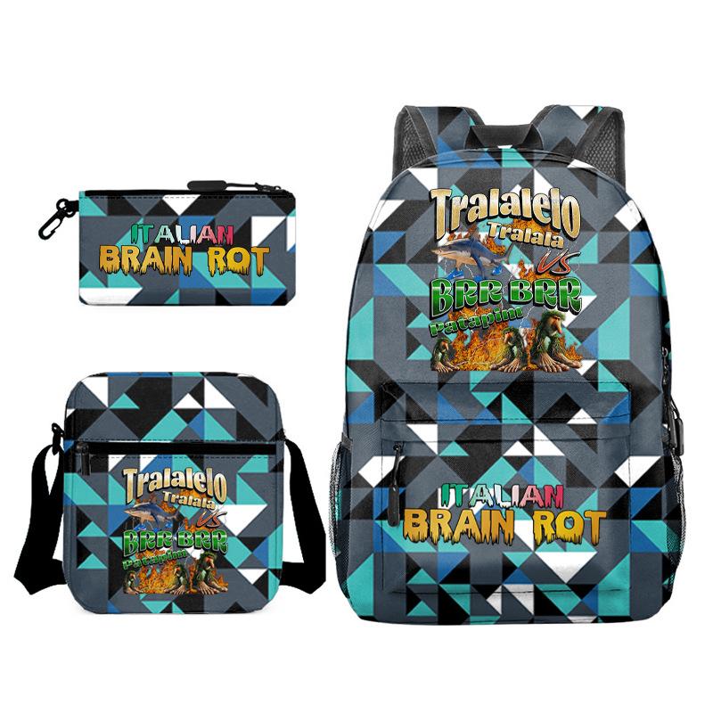 Abstract Foreign Shanhaijing Schoolbag Tongtongsahur Cartoon Primary School Student Backpack Three-piece Set D