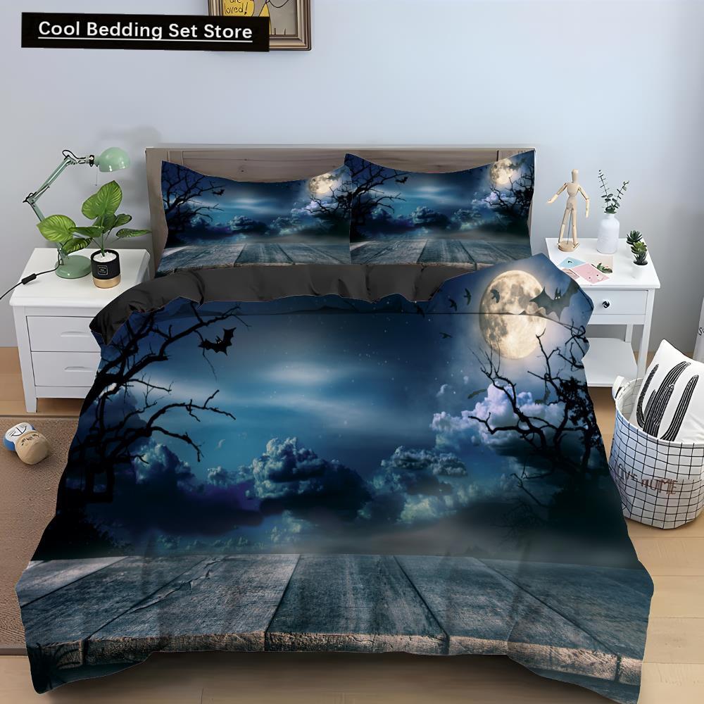 Halloween Horror Pumpkin King Queen Duvet Cover Night Witch Bedding Set Bat Moon Quilt Cover 2/3pcs Polyester Comforter Cover