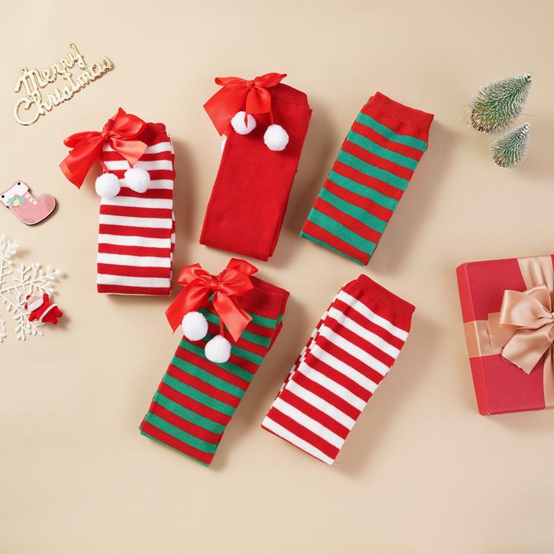 Calcetines navideños de algodón verde y rojo a rayas por encima de la rodilla con lazo, largos, 70 cm