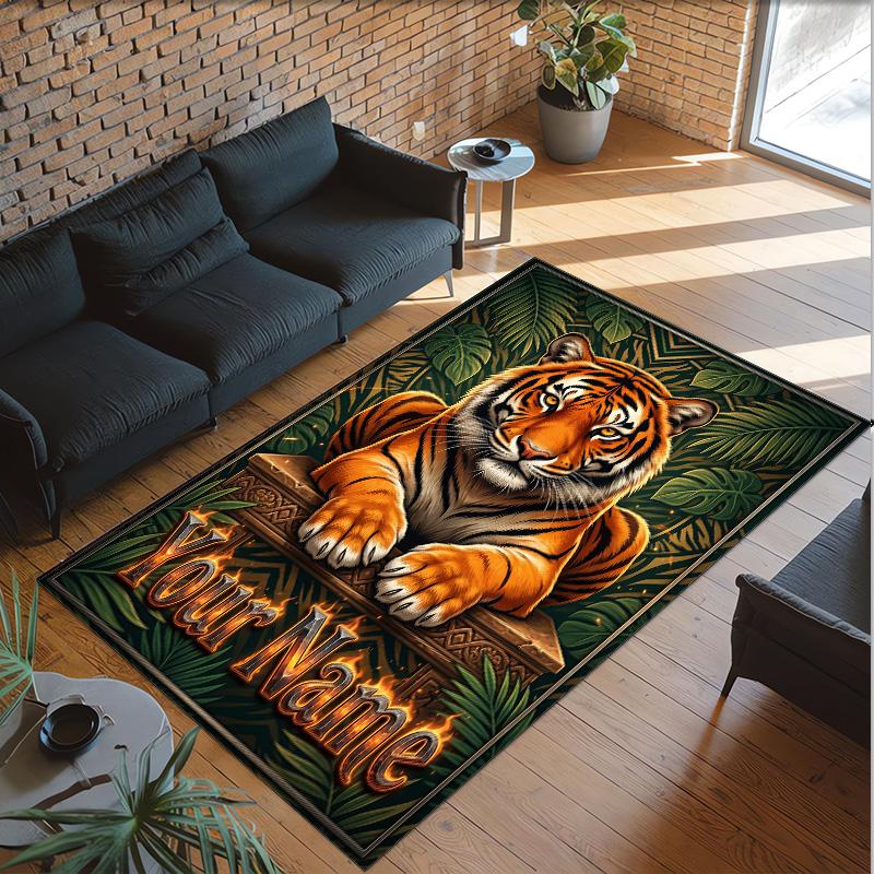 Lion Tiger Theme Crystal Velvet Rug Personalized Custom Name Text Soft Floor Mat Home Decor