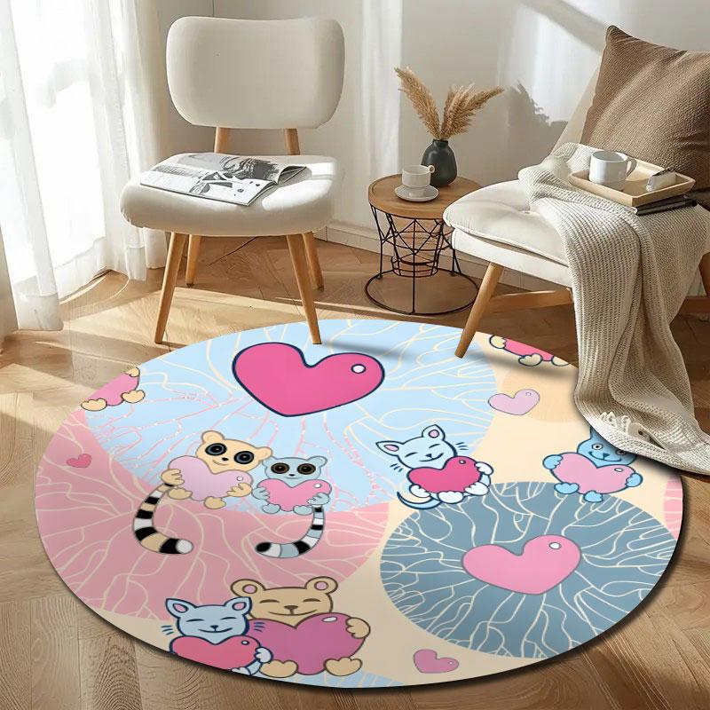 Cute Animals Hearts Cute Animals Holding Hearts Pattern Round Rug, Pastel Heart Animal Pattern Design, Animal Heart Repeat, Soft Touch