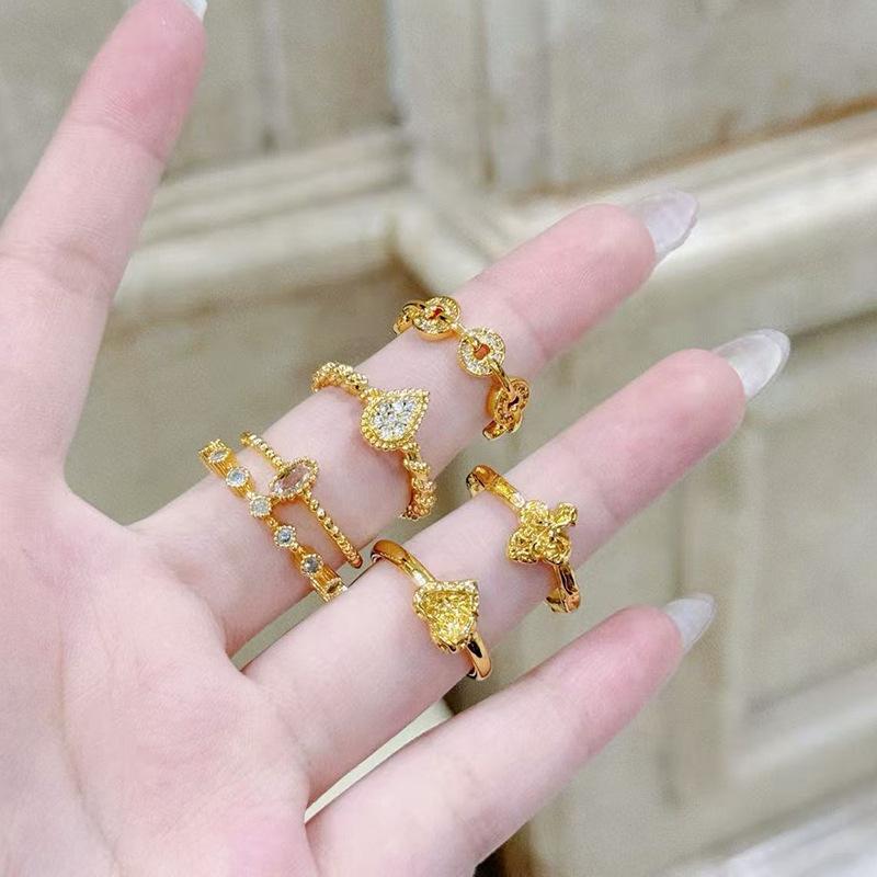 Medieval Vintage Water Drop Zircon Hammer Pattern Love Copper Coin Open Ring Personality Niche High Sense Ring Woman