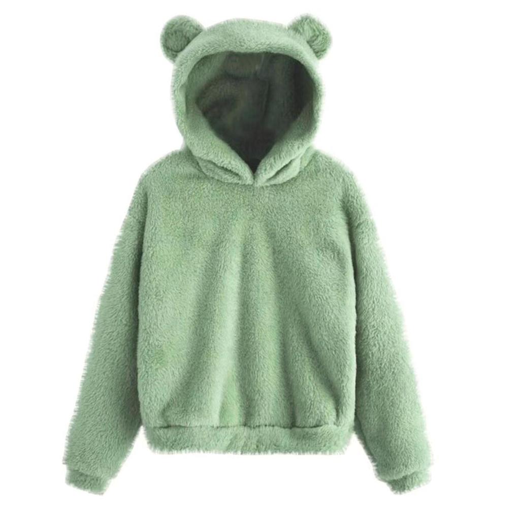 Mode Femme Manches Longues Couleur Unie Polaire Oreilles Capuche Chaud Pull Sweat-shirt