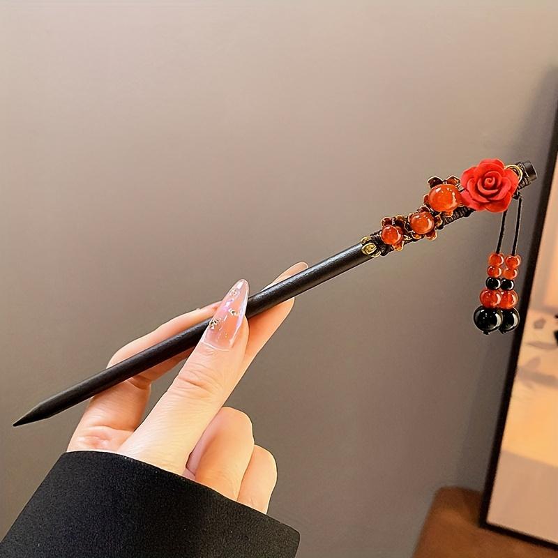 1pc of Wooden Red Rose Flower Tassel Faux Pearl Hairpin, Vintage New Year, Bridal Gift Hair Accessory, Christmas Present